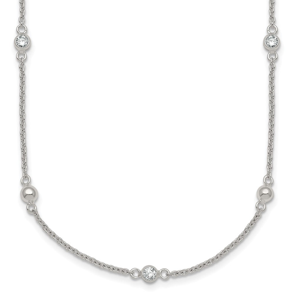 Sterling Silver Polished and Beaded CZ 16.75in w/.5in Ext Necklace