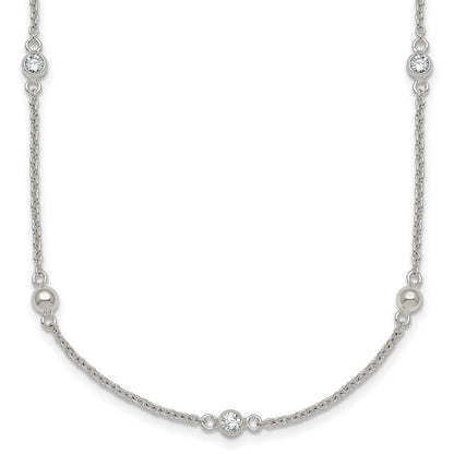 Sterling Silver Polished and Beaded CZ 16.75in w/.5in Ext Necklace