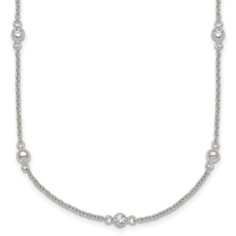 Sterling Silver Polished and Beaded CZ 16.75in w/.5in Ext Necklace