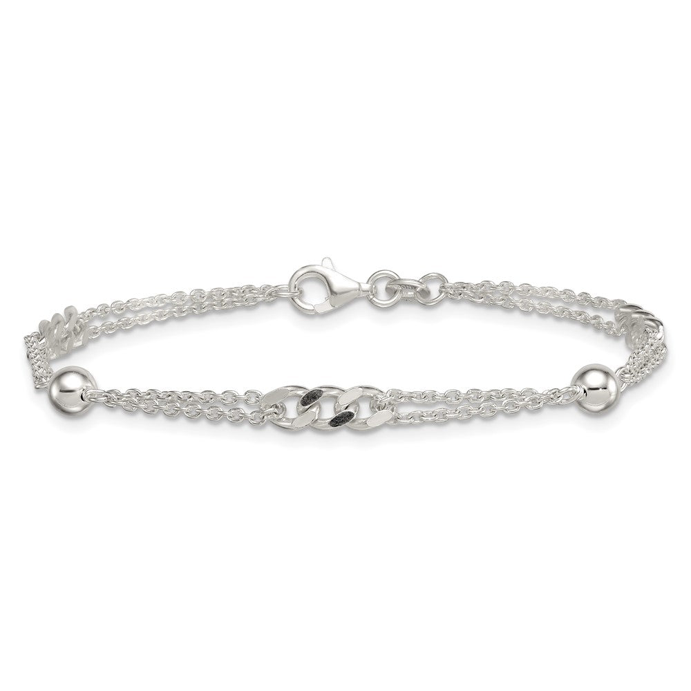 Sterling Silver Polished and Beaded Fancy 2-Strand Link 7.25in Bracelet