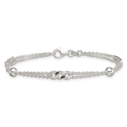 Sterling Silver Polished and Beaded Fancy 2-Strand Link 7.25in Bracelet
