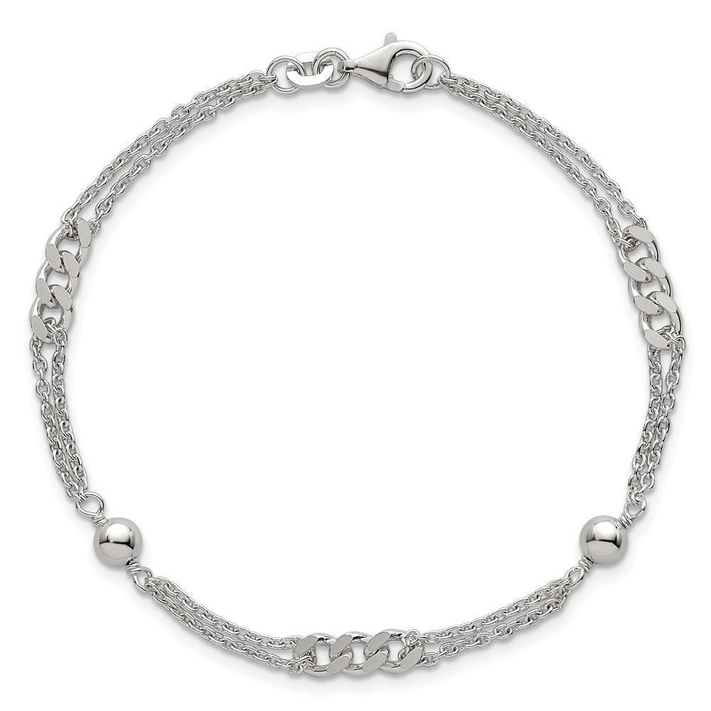 Sterling Silver Polished and Beaded Fancy 2-Strand Link 7.25in Bracelet