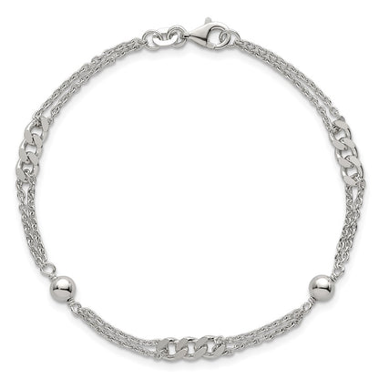 Sterling Silver Polished and Beaded Fancy 2-Strand Link 7.25in Bracelet
