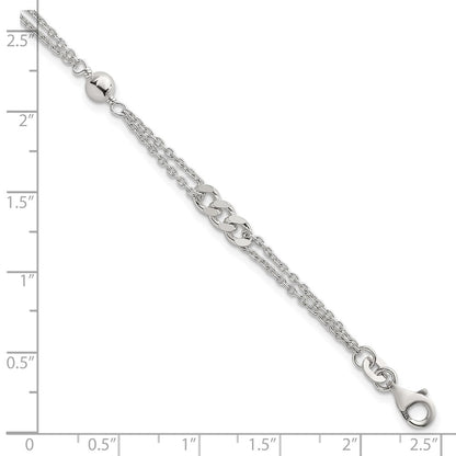 Sterling Silver Polished and Beaded Fancy 2-Strand Link 7.25in Bracelet