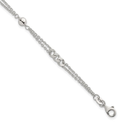 Sterling Silver Polished and Beaded Fancy 2-Strand Link 7.25in Bracelet