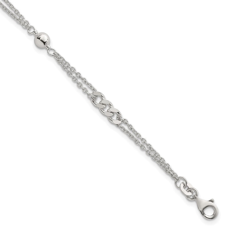 Sterling Silver Polished and Beaded Fancy 2-Strand Link 7.25in Bracelet