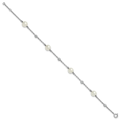 Sterling Silver Rh-Pltd Polished CZ and Shell Pearl 7in w/.5in Ext Bracelet