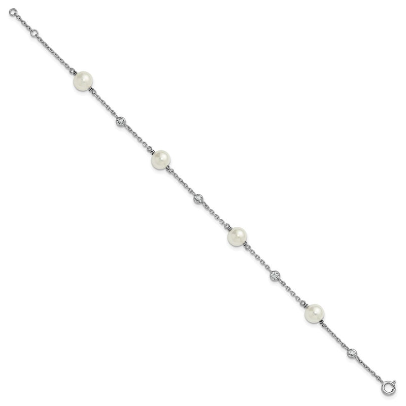 Sterling Silver Rh-Pltd Polished CZ and Shell Pearl 7in w/.5in Ext Bracelet