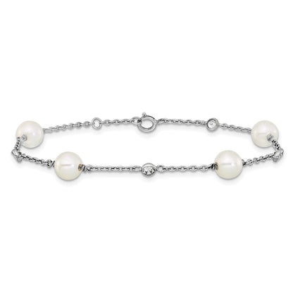Sterling Silver Rh-Pltd Polished CZ and Shell Pearl 7in w/.5in Ext Bracelet