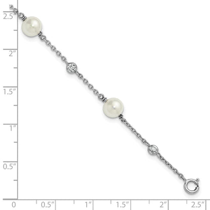 Sterling Silver Rh-Pltd Polished CZ and Shell Pearl 7in w/.5in Ext Bracelet