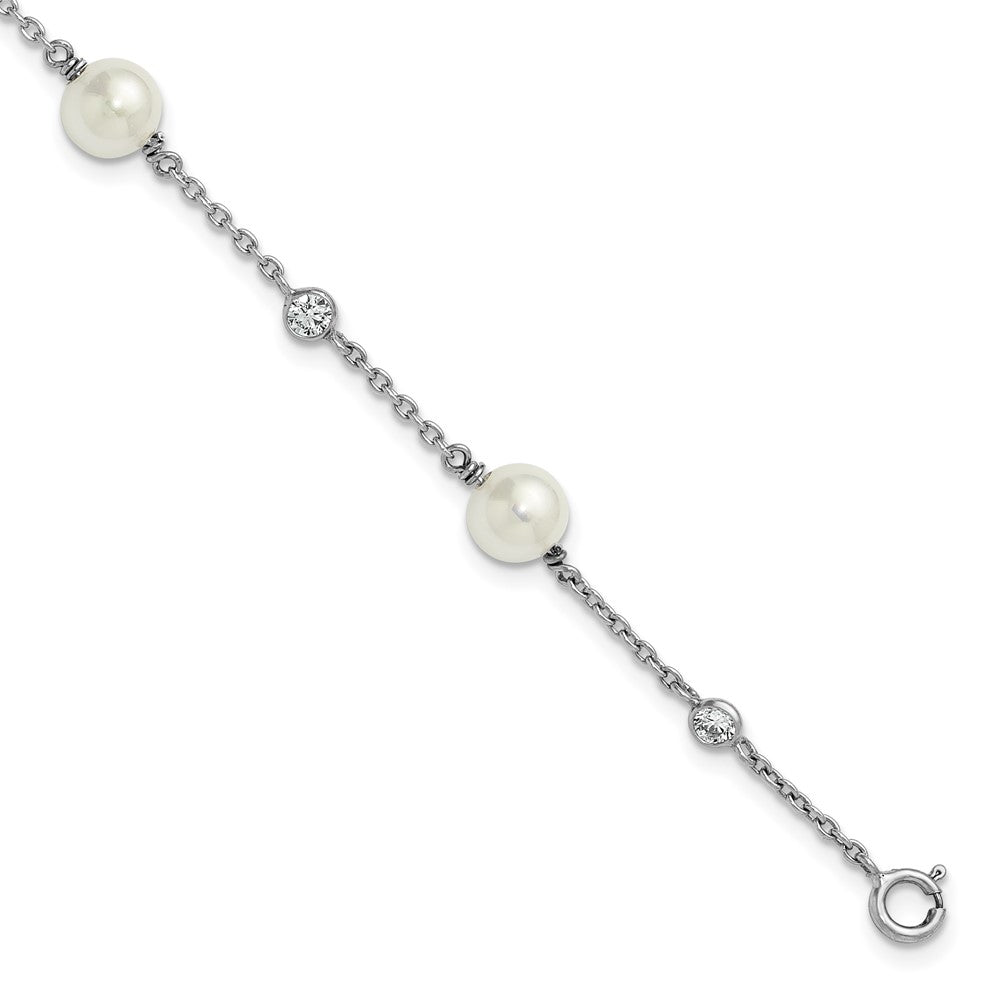 Sterling Silver Rh-Pltd Polished CZ and Shell Pearl 7in w/.5in Ext Bracelet