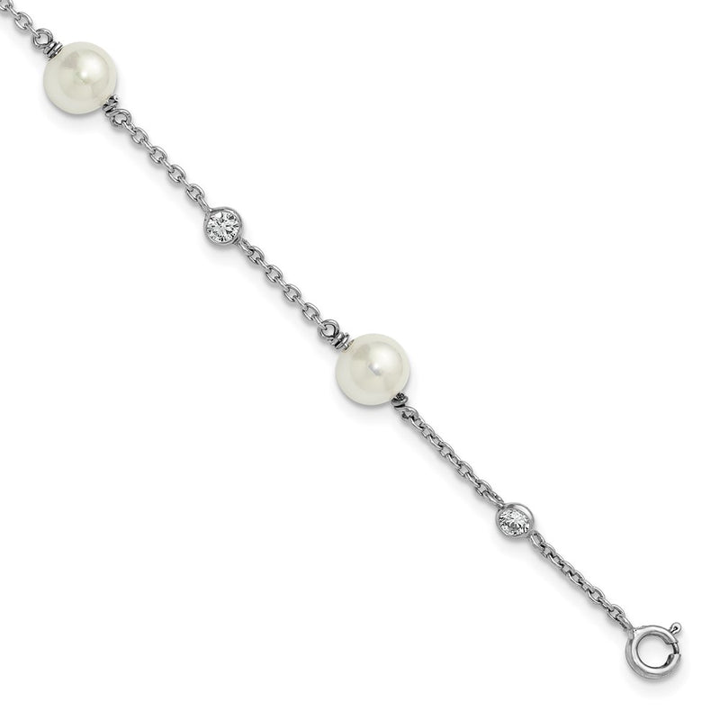 Sterling Silver Rh-Pltd Polished CZ and Shell Pearl 7in w/.5in Ext Bracelet