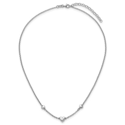 Sterling Silver Rhodium Plated Polished 3 Hearts 16in W/ 2in Ext Necklace