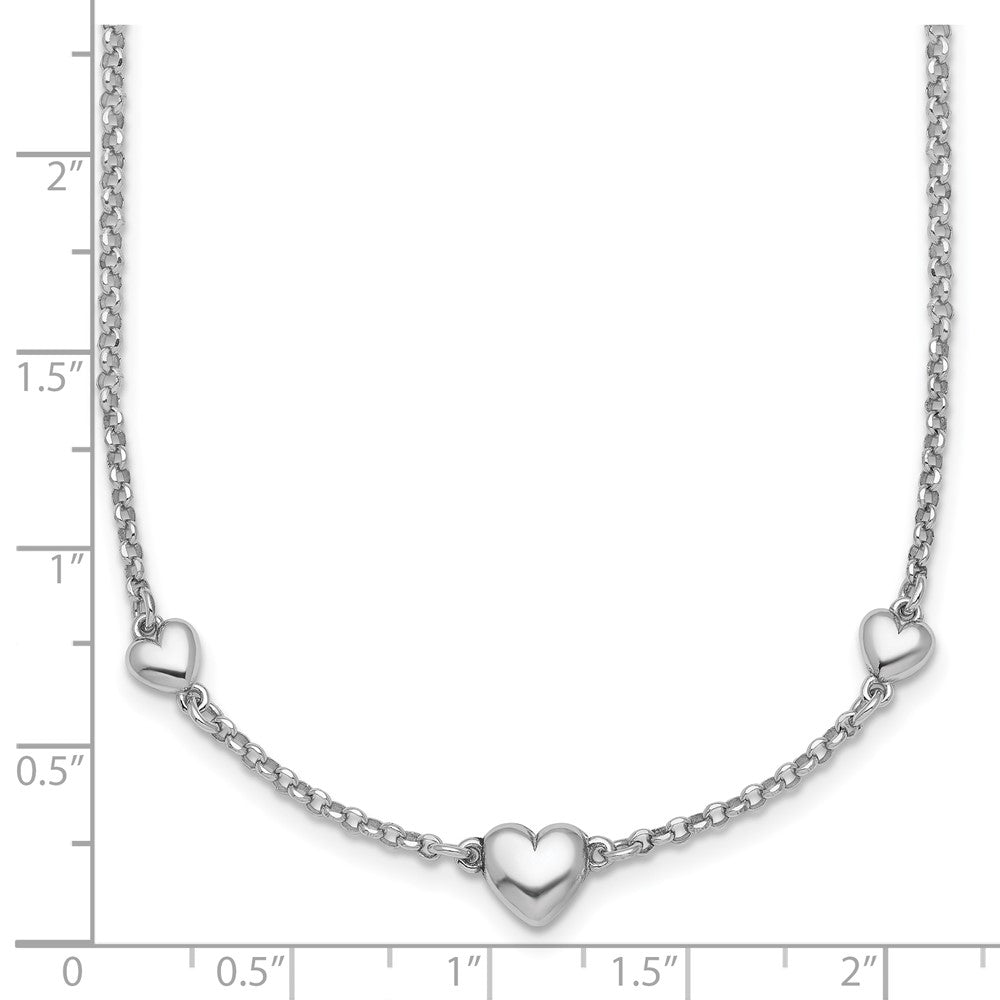 Sterling Silver Rhodium Plated Polished 3 Hearts 16in W/ 2in Ext Necklace