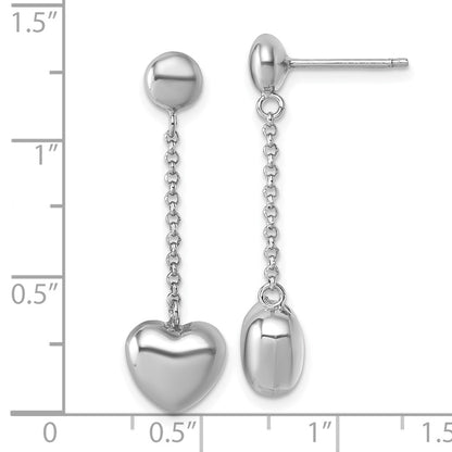 Sterling Silver Rhodium Plated Polished Heart Post Dangle Earrings