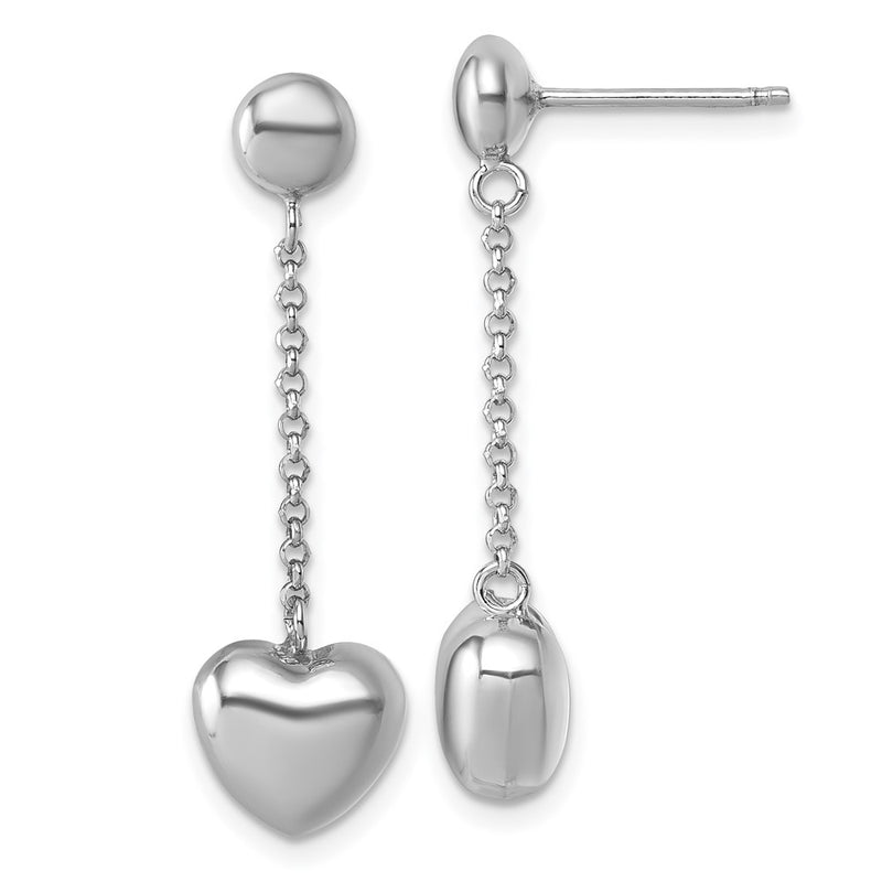 Sterling Silver Rhodium Plated Polished Heart Post Dangle Earrings