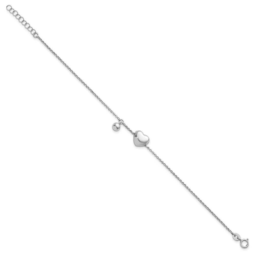 Sterling Silver Rhodium Plated Polished Heart and Ball 7in W/ 1in Ext Bracelet