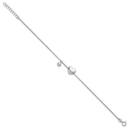 Sterling Silver Rhodium Plated Polished Heart and Ball 7in W/ 1in Ext Bracelet