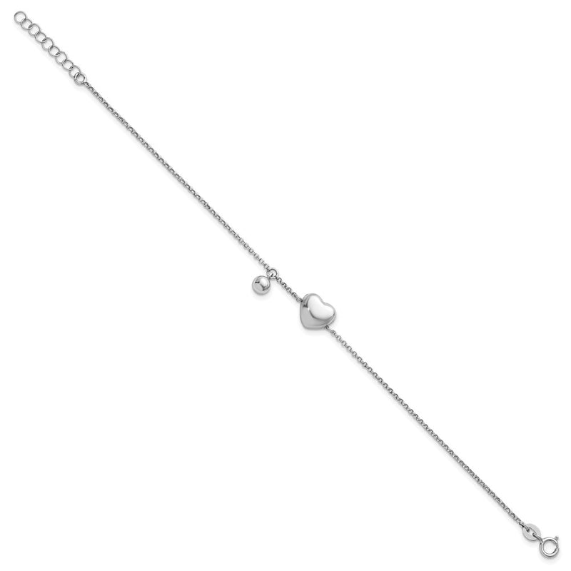 Sterling Silver Rhodium Plated Polished Heart and Ball 7in W/ 1in Ext Bracelet