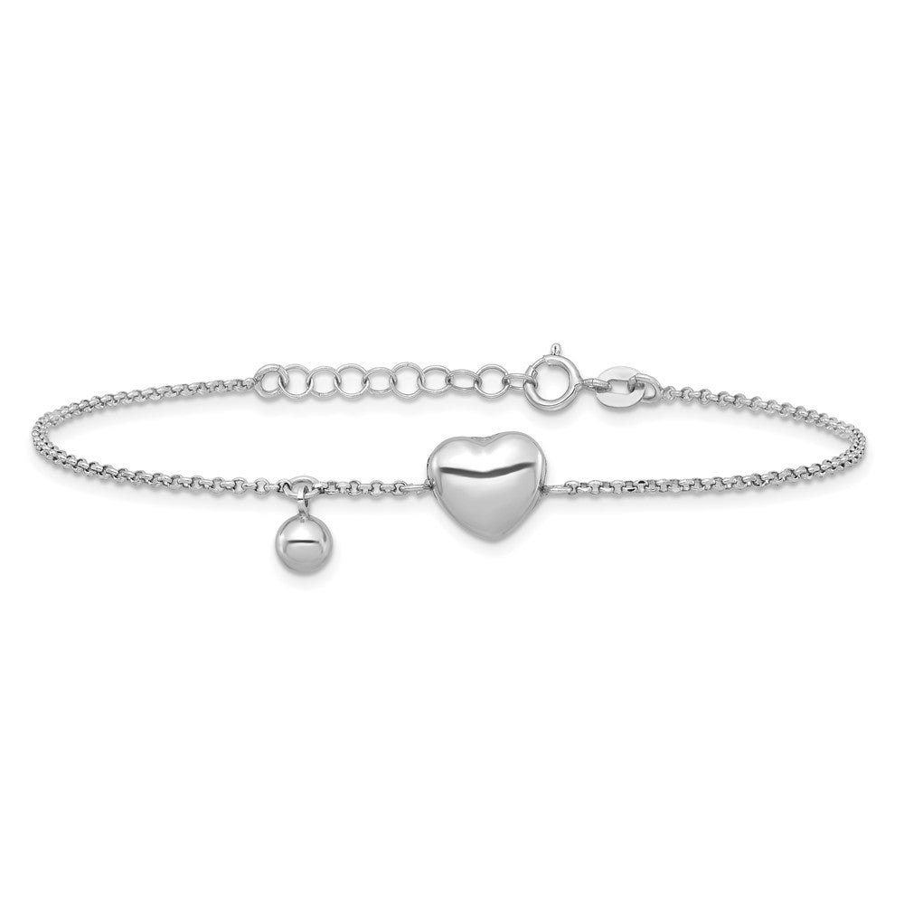 Sterling Silver Rhodium Plated Polished Heart and Ball 7in W/ 1in Ext Bracelet