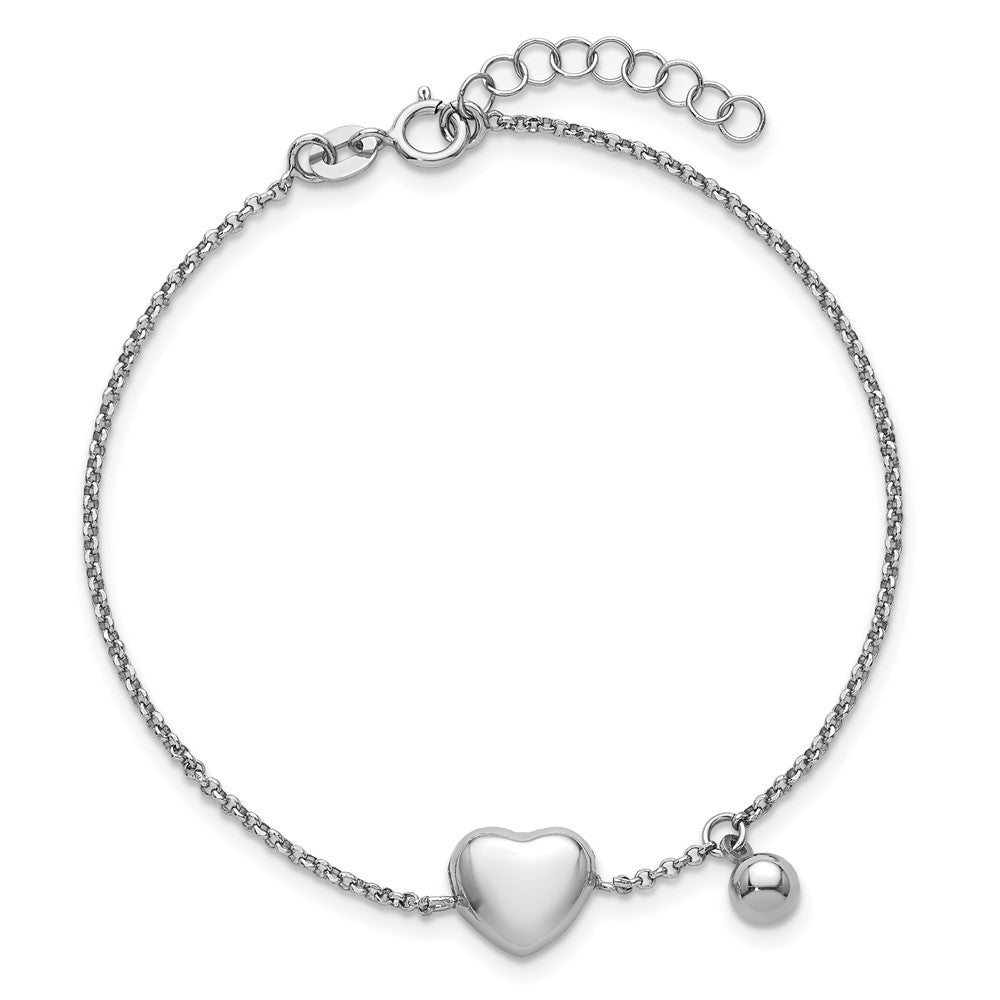 Sterling Silver Rhodium Plated Polished Heart and Ball 7in W/ 1in Ext Bracelet