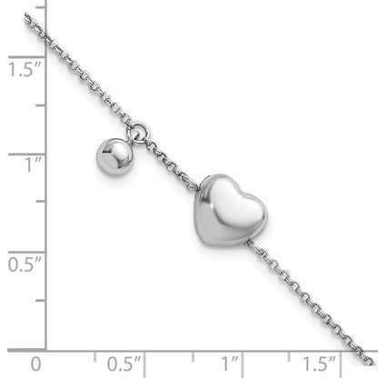 Sterling Silver Rhodium Plated Polished Heart and Ball 7in W/ 1in Ext Bracelet