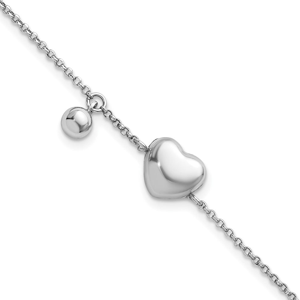 Sterling Silver Rhodium Plated Polished Heart and Ball 7in W/ 1in Ext Bracelet
