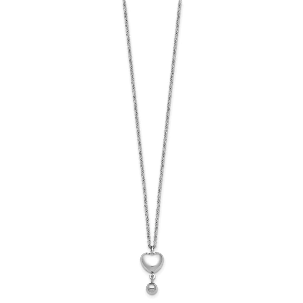 Sterling Silver Rh-Plat Polished Heart/ball Dangle 16in W/ 1in Ext Necklace