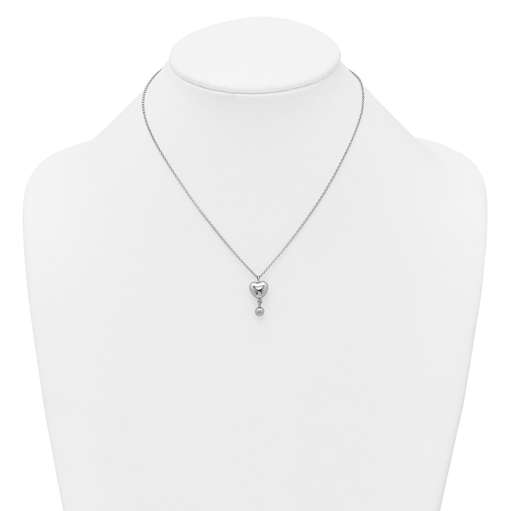 Sterling Silver Rh-Plat Polished Heart/ball Dangle 16in W/ 1in Ext Necklace
