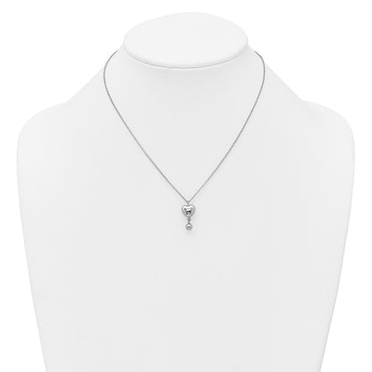 Sterling Silver Rh-Plat Polished Heart/ball Dangle 16in W/ 1in Ext Necklace