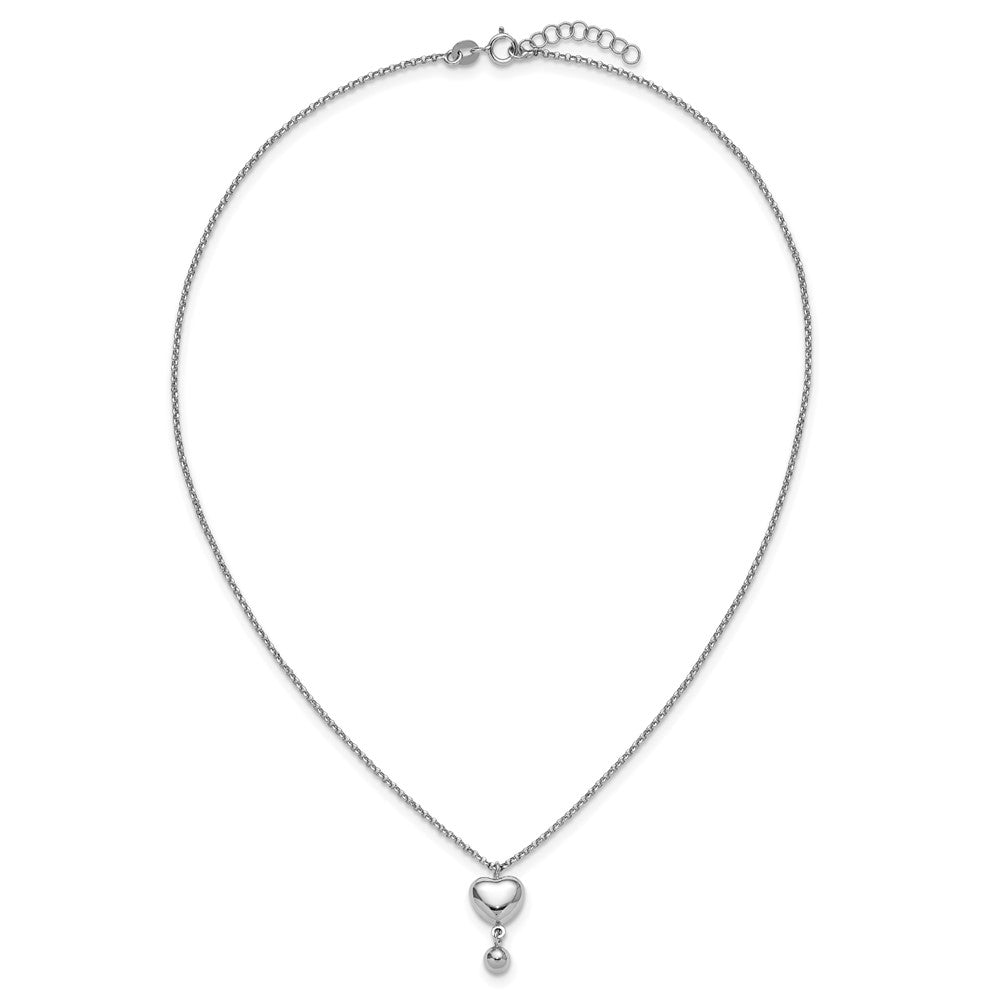 Sterling Silver Rh-Plat Polished Heart/ball Dangle 16in W/ 1in Ext Necklace