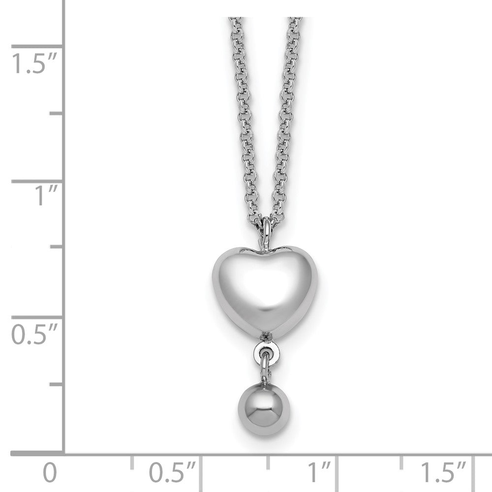 Sterling Silver Rh-Plat Polished Heart/ball Dangle 16in W/ 1in Ext Necklace
