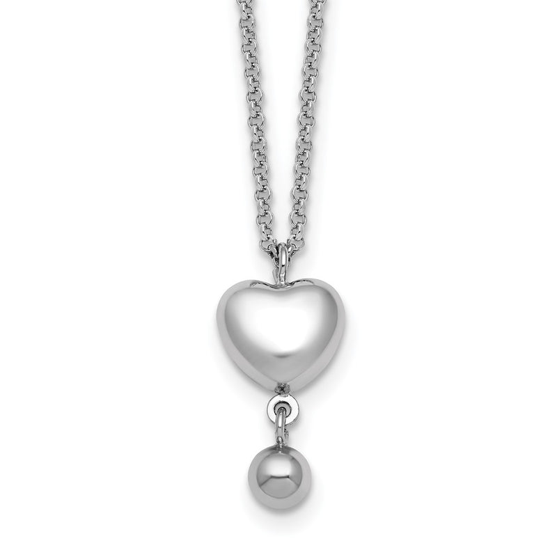 Sterling Silver Rh-Plat Polished Heart/ball Dangle 16in W/ 1in Ext Necklace