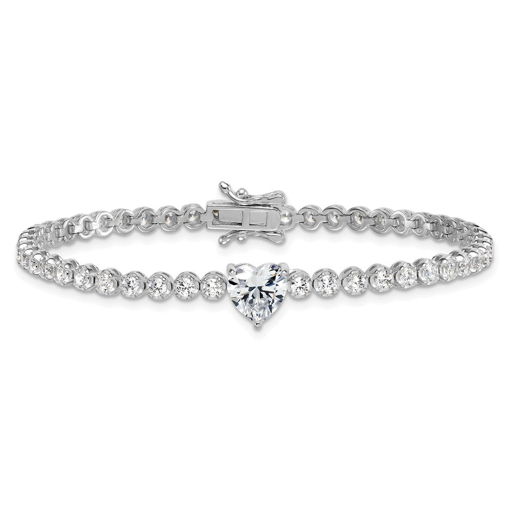 Sterling Silver Rhodium Plated Polished Round and Heart CZ 7.25in Bracelet