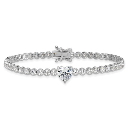 Sterling Silver Rhodium Plated Polished Round and Heart CZ 7.25in Bracelet