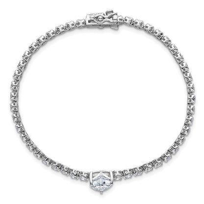Sterling Silver Rhodium Plated Polished Round and Heart CZ 7.25in Bracelet