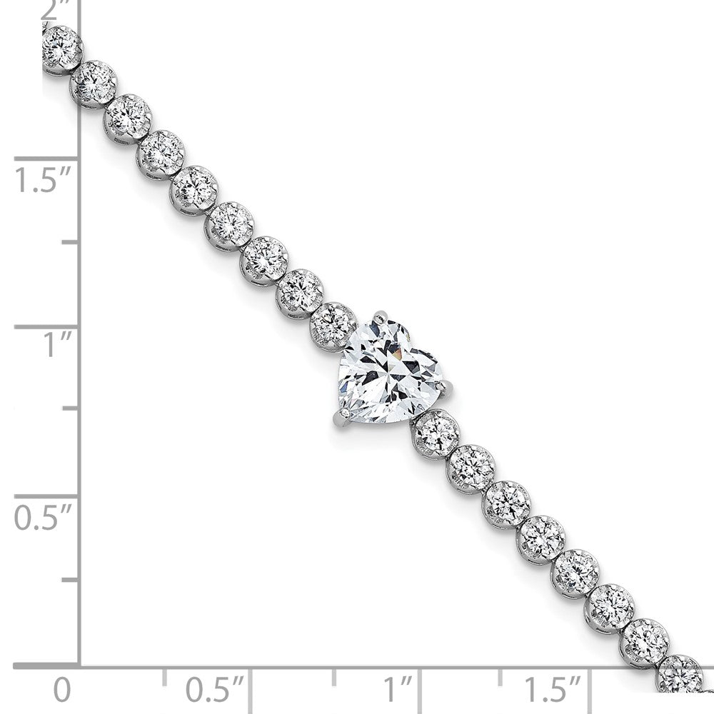 Sterling Silver Rhodium Plated Polished Round and Heart CZ 7.25in Bracelet
