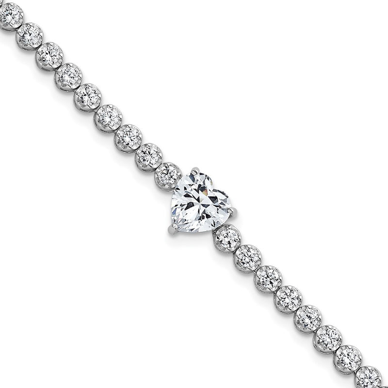 Sterling Silver Rhodium Plated Polished Round and Heart CZ 7.25in Bracelet