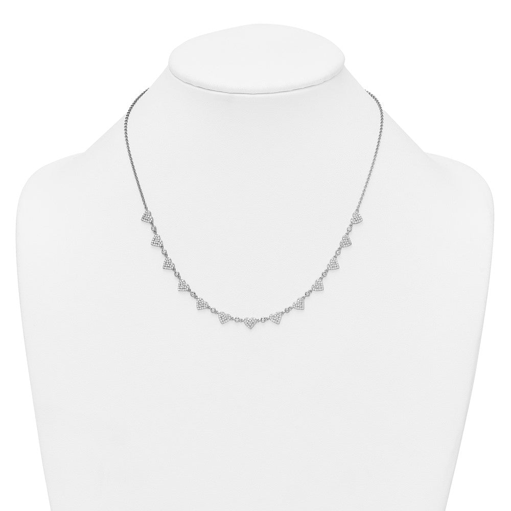 Sterling Silver Rhodium Plated Pave CZ Small Hearts 16in W/ 2in Ext Necklace