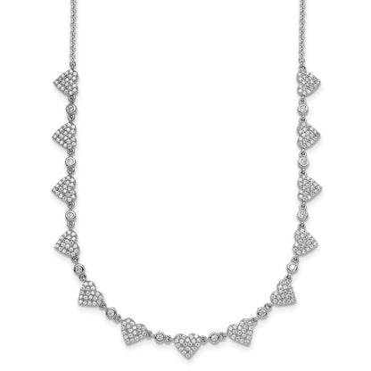 Sterling Silver Rhodium Plated Pave CZ Small Hearts 16in W/ 2in Ext Necklace