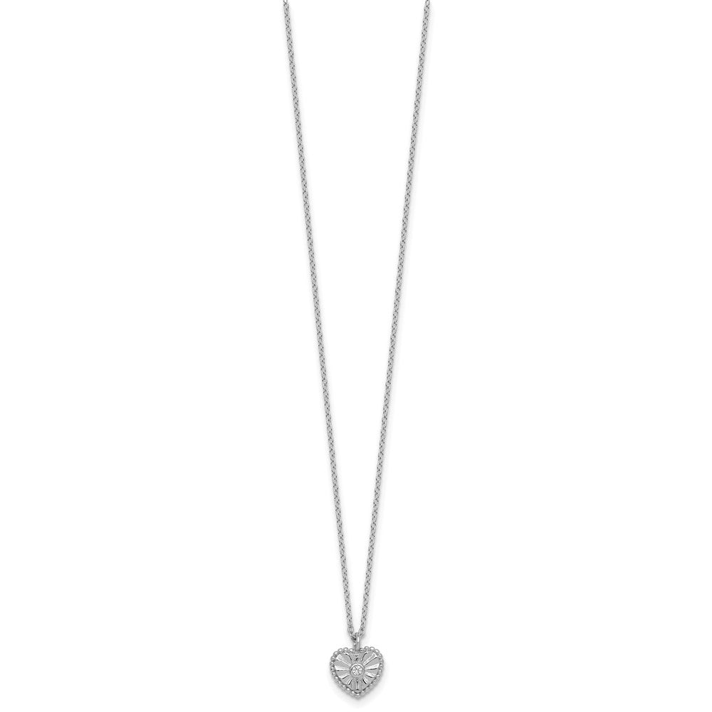 Sterling Silver Rhodium Plated Textured CZ Heart 16in w/2in Ext Necklace