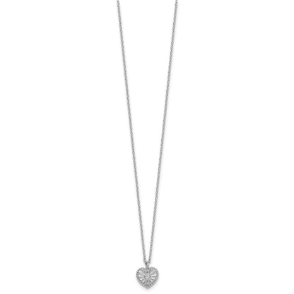 Sterling Silver Rhodium Plated Textured CZ Heart 16in w/2in Ext Necklace