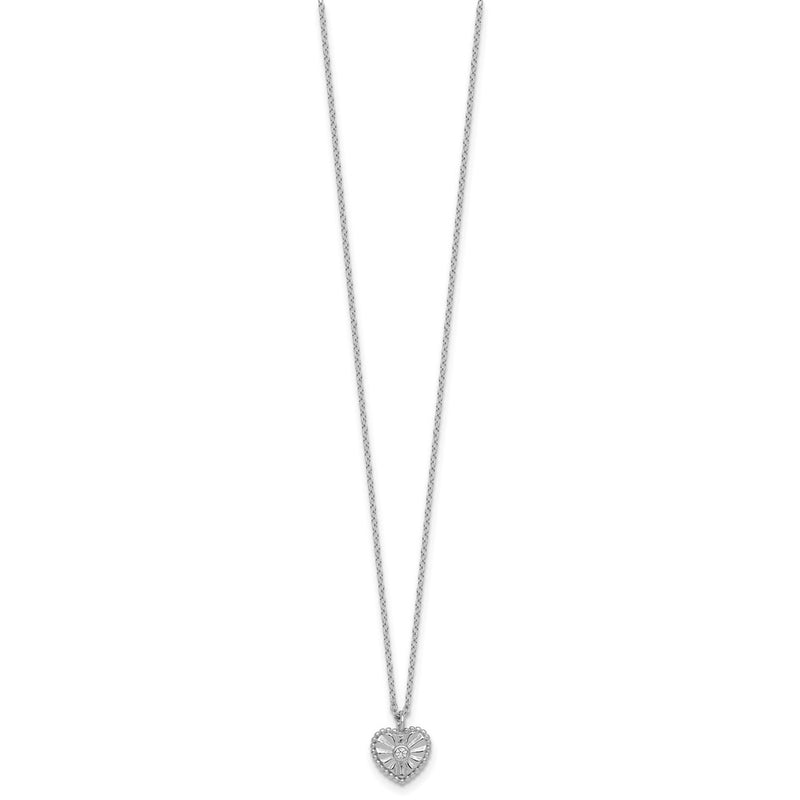 Sterling Silver Rhodium Plated Textured CZ Heart 16in w/2in Ext Necklace