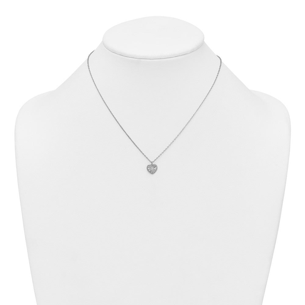 Sterling Silver Rhodium Plated Textured CZ Heart 16in w/2in Ext Necklace