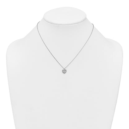 Sterling Silver Rhodium Plated Textured CZ Heart 16in w/2in Ext Necklace