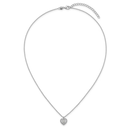 Sterling Silver Rhodium Plated Textured CZ Heart 16in w/2in Ext Necklace