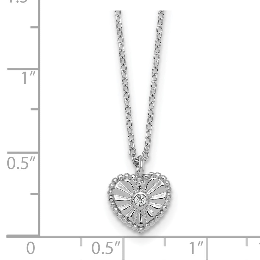 Sterling Silver Rhodium Plated Textured CZ Heart 16in w/2in Ext Necklace