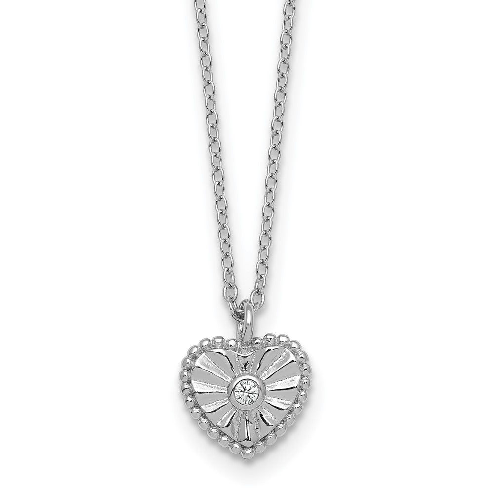 Sterling Silver Rhodium Plated Textured CZ Heart 16in w/2in Ext Necklace