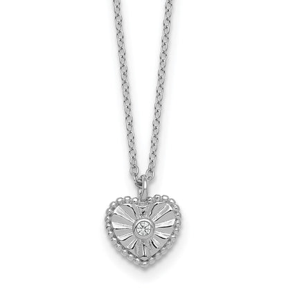 Sterling Silver Rhodium Plated Textured CZ Heart 16in w/2in Ext Necklace