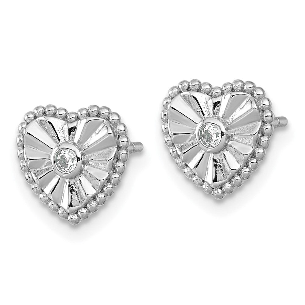 Sterling Silver Rhodium Plated Polished and Textured CZ Heart Post Earrings